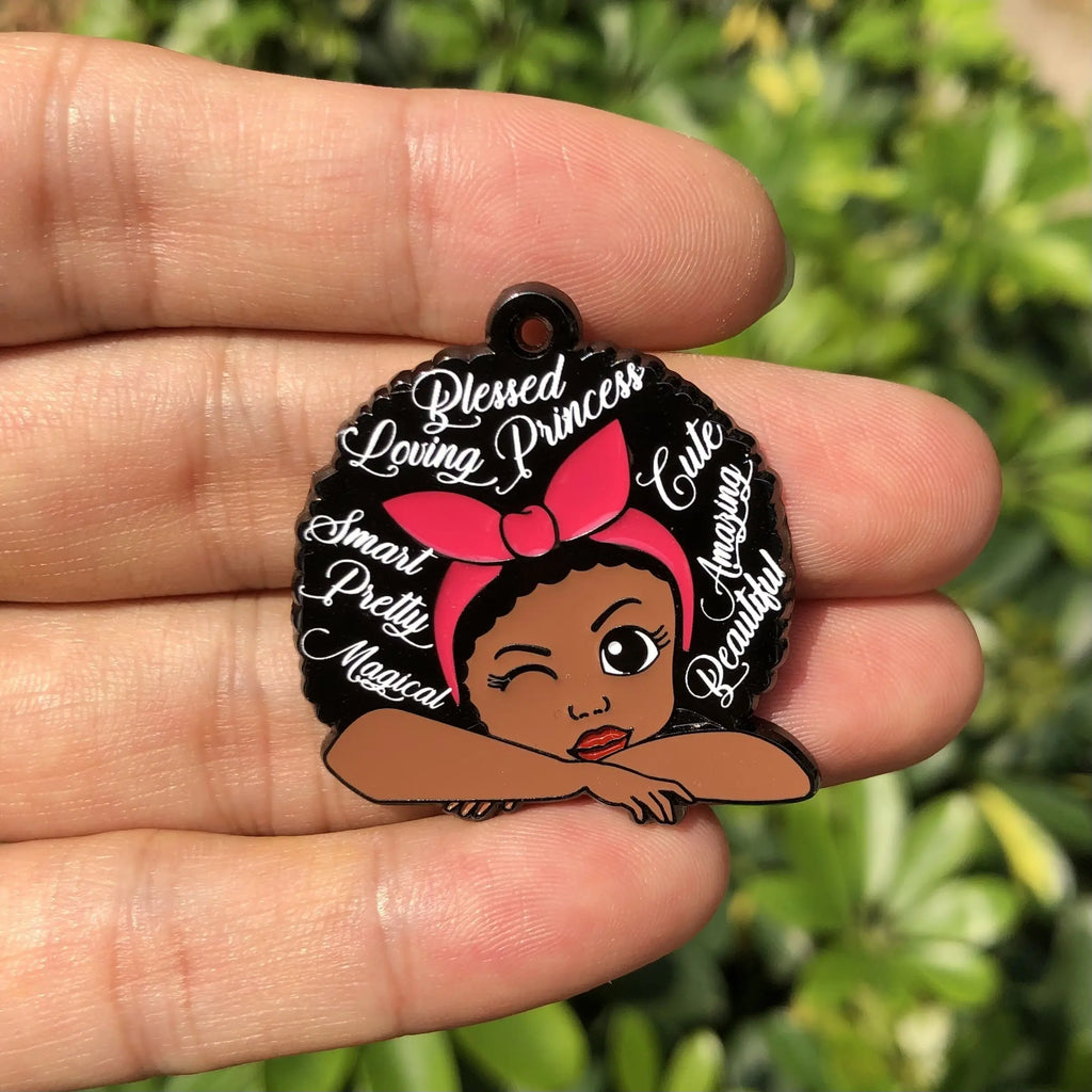 5 PCS Afro Little Girl Woman Charms Enamel Pendant DIY Jewelry Making Tags