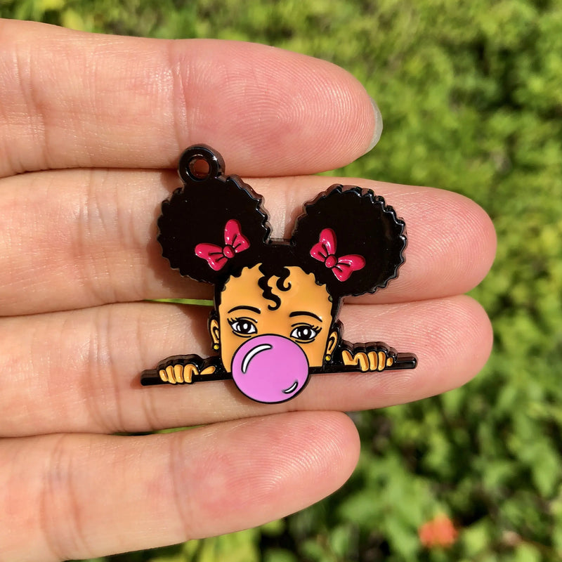 5 PCS Afro Little Princess Kids Charms Enamel Pendant DIY Jewelry Making