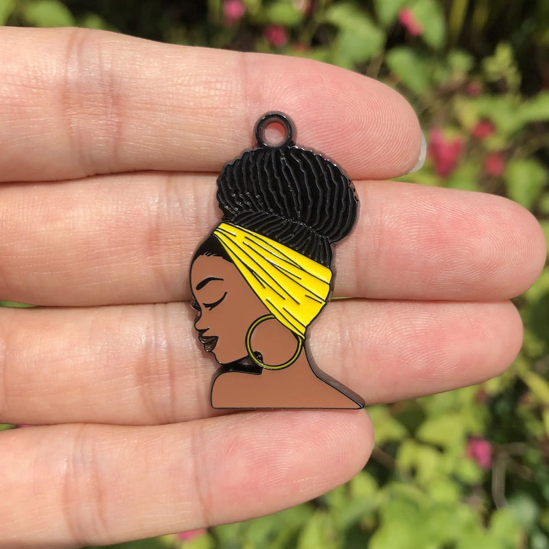 5 Afro American Woman Charm Enamel Pendants for DIY Jewelry Making