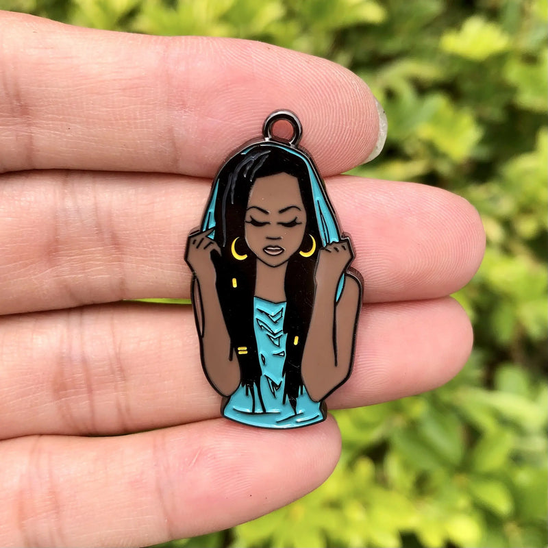 5 PCS Afro American Woman Enamel Pendants for Jewelry Making