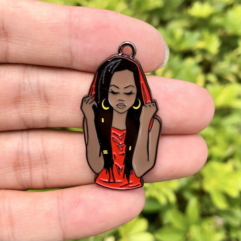 5 Pcs Afro American Woman Charm Red Enamel Pendants for Jewelry Making