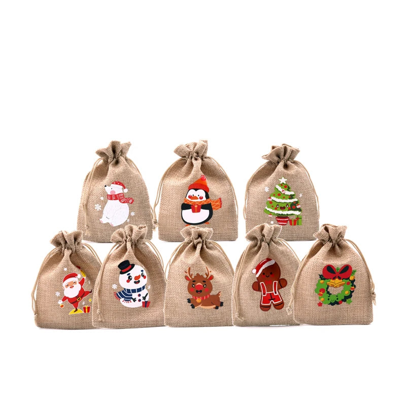 5 PCS Christmas Candy Gift 10*14 CM Linen Tote Bag with Drawstring Pocket