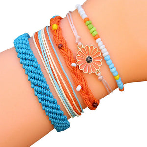 5 PCS Braided Bracelet Stained Flower Decor Wax Line Ethnic Beach Jewelry Set