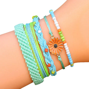 5 PCS Braided Bracelet Stained Flower Decor Wax Line Ethnic Beach Jewelry Set