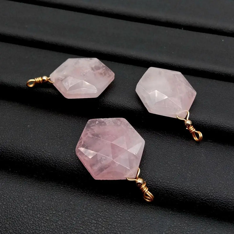 5 PCS Rose Quartz Crystal Hexagon Pendant 20x24mm for Women Necklace Making
