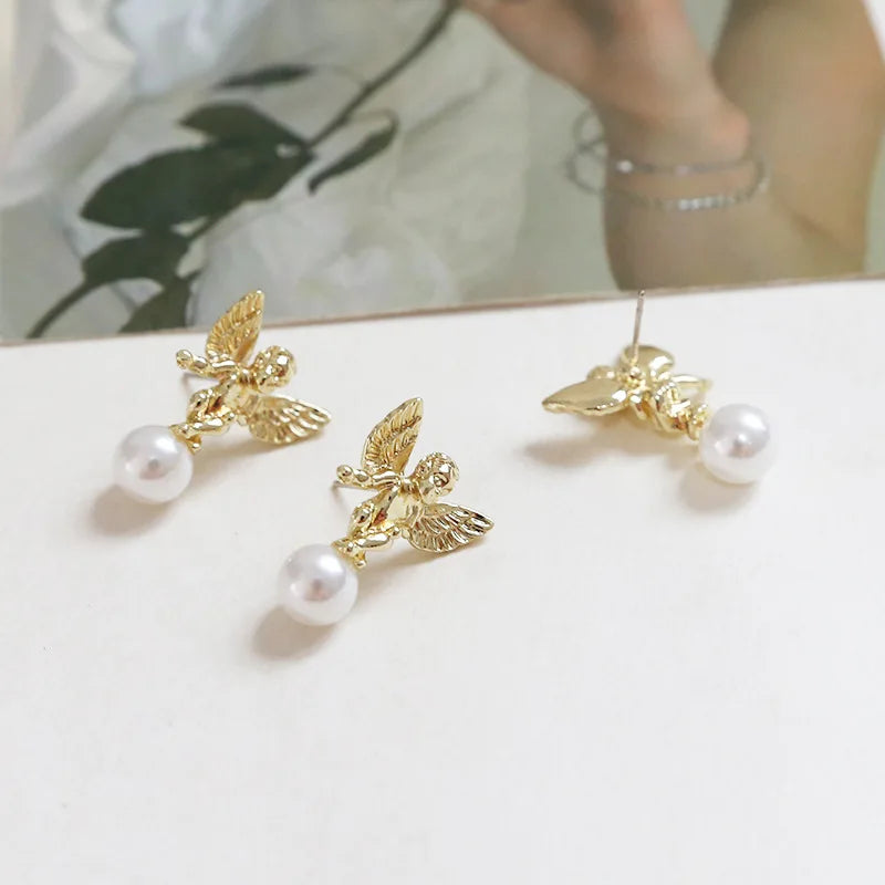 5 PCS Baroque Angel Wings Pearl Stud Earrings S925 Silver DIY Earrings