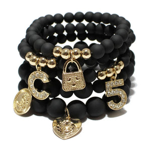 5 PCS Natural Stone Beaded Bracelets for Women with Letter Charm Pendant