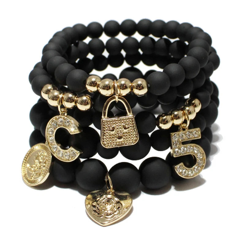 5 PCS Natural Stone Beaded Bracelets for Women with Letter Charm Pendant