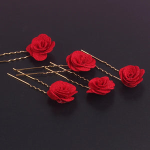 Vintage Chinese Red Rose Flower Bridesmaid Hair Pin Clips Wedding Hairpins
