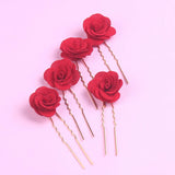 Vintage Chinese Red Rose Flower Bridesmaid Hair Pin Clips Wedding Hairpins