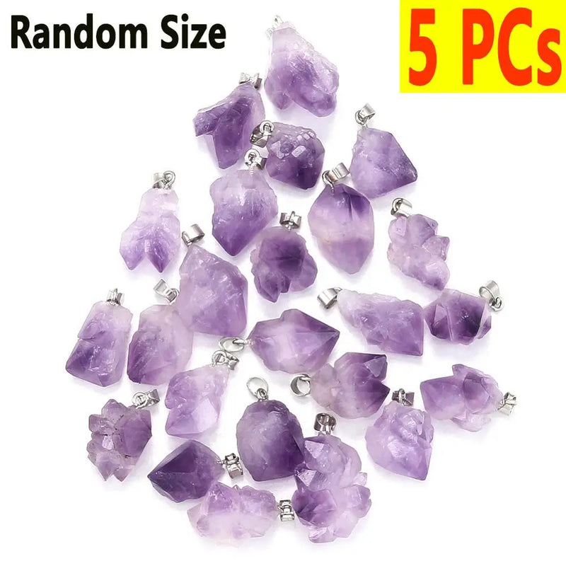 5 PCs Natural Amethyst Stone Pendants Reiki Healing Crystal Chakra Beads