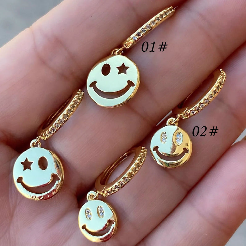 Funny Smiley Face Hoop Earrings CZ Circle Jewelry