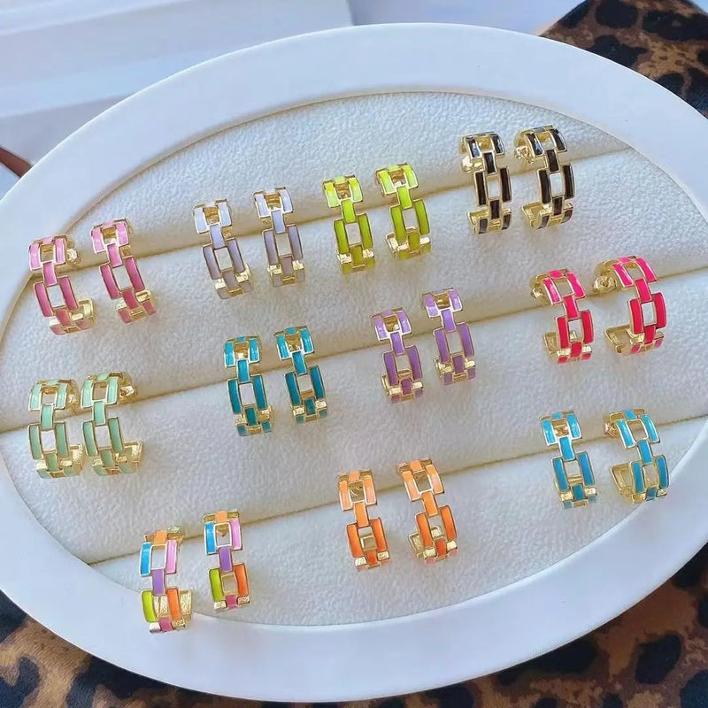Geometric Chain Stud Earrings Enamel Vintage Metal Jewelry for Women