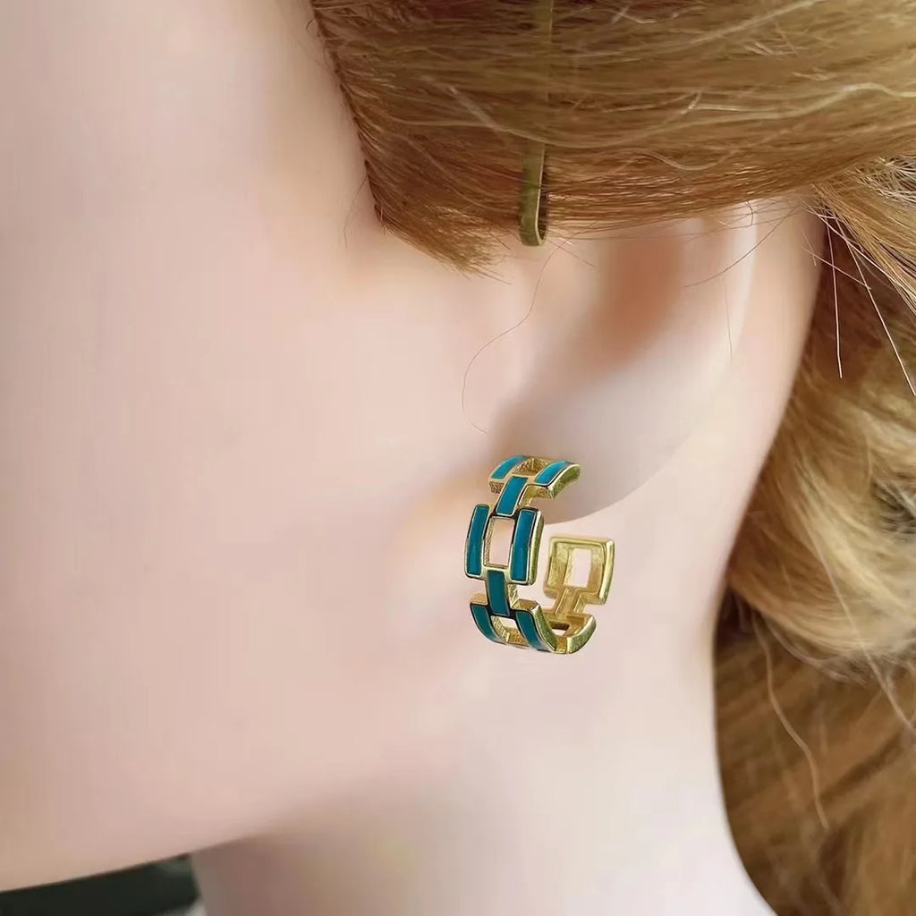 Geometric Chain Stud Earrings Enamel Vintage Metal Jewelry for Women