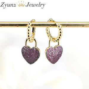5 Pair Zircon Heart Dangle Earrings Set, Colorful Hoop Ear Cuffs for Women