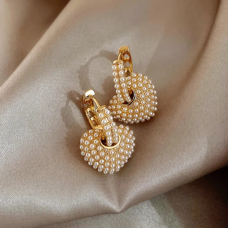 Heart Charms Earrings Pearl Shell Beads Vintage Unusual Earrings