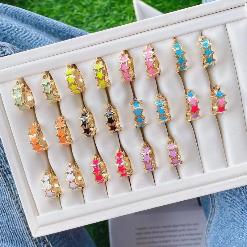 5 Pairs Colorful Star Hoop Earrings for Women, Plated Enamel Small Earrings 15mm