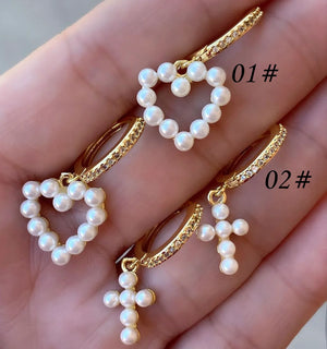 Mother of Pearl Earrings Golden Heart Cross Shell CZ Circle Hoop For Girls