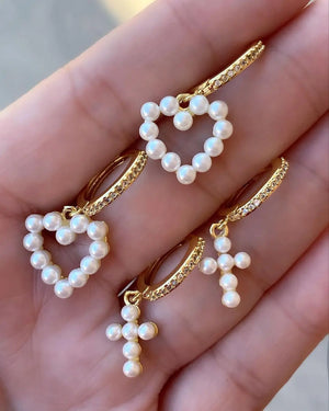 Mother of Pearl Earrings Golden Heart Cross Shell CZ Circle Hoop For Girls
