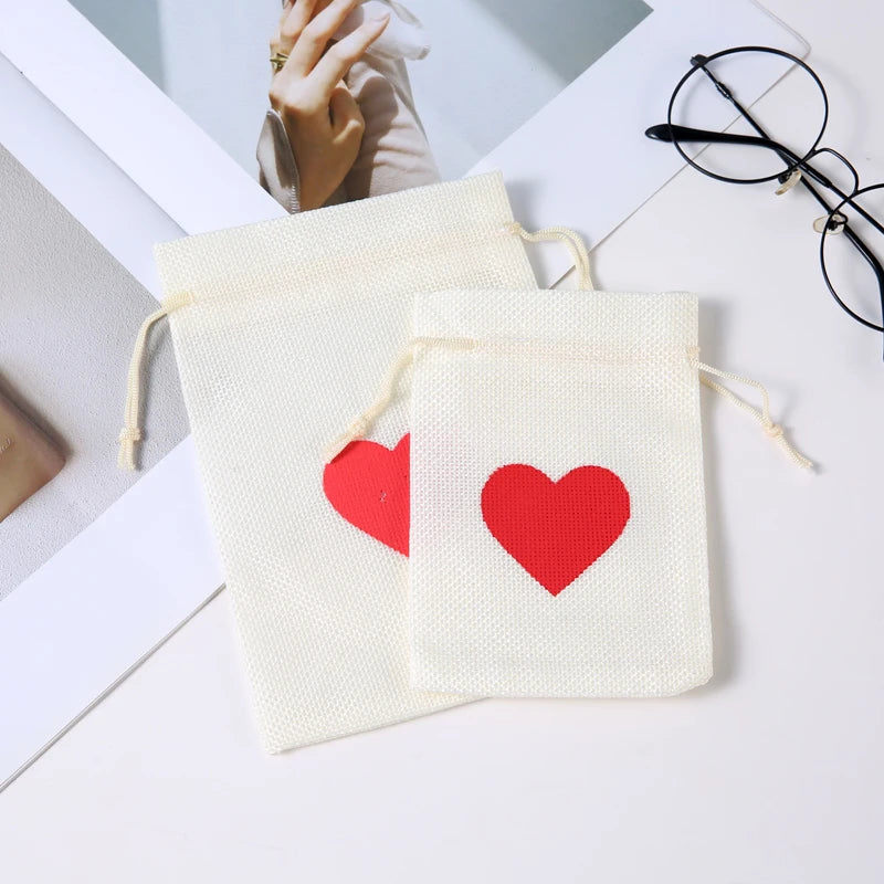 5 Pcs Love Linen Jute Drawstring Gift Bags - Jewelry Travel Storage Pouch