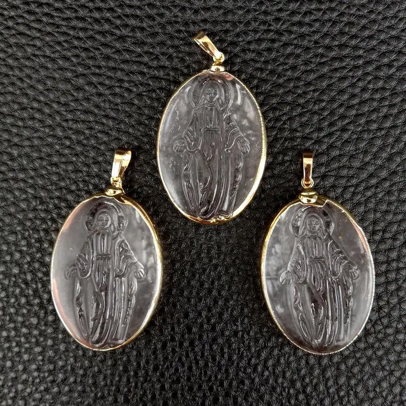 5 Pcs Crystal Quartz Pendant Religious Charm Oval Shape Plated Female Jewelry