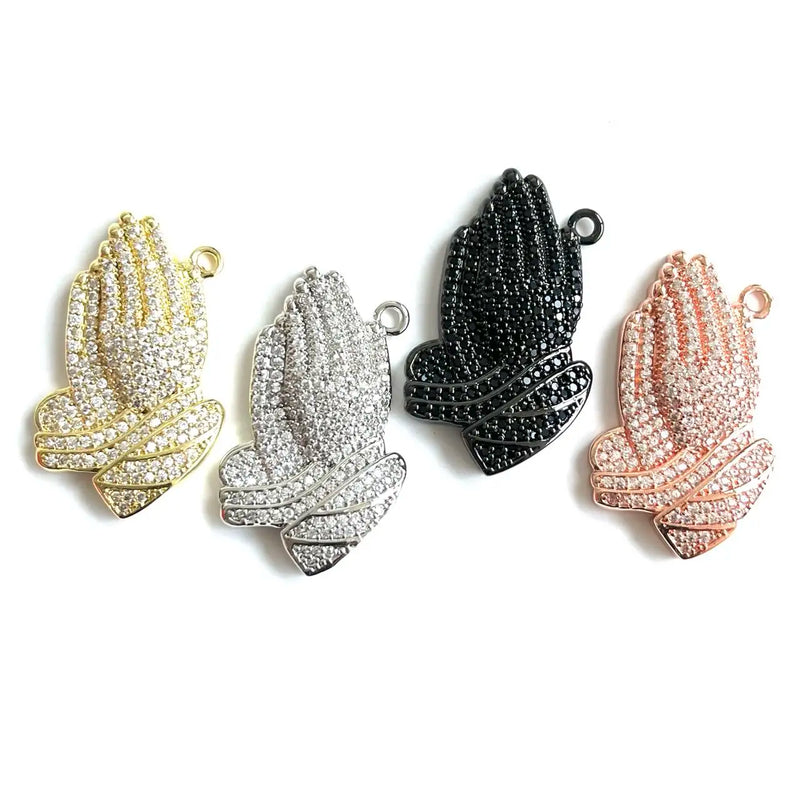 5 Pc CZ Paved Praying Hands Charm Pendant, Bracelet Necklace Jewelry Making