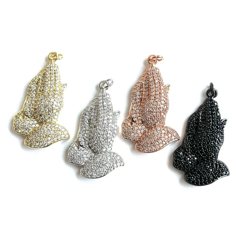5Pcs CZ Paved Praying Hands Charms Pendant Religious Jewelry Making