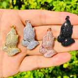 5Pcs CZ Paved Praying Hands Charms Pendant Religious Jewelry Making