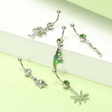5 Pcs Green Crystal Leaf Turtle Dangle Belly Button Ring Set