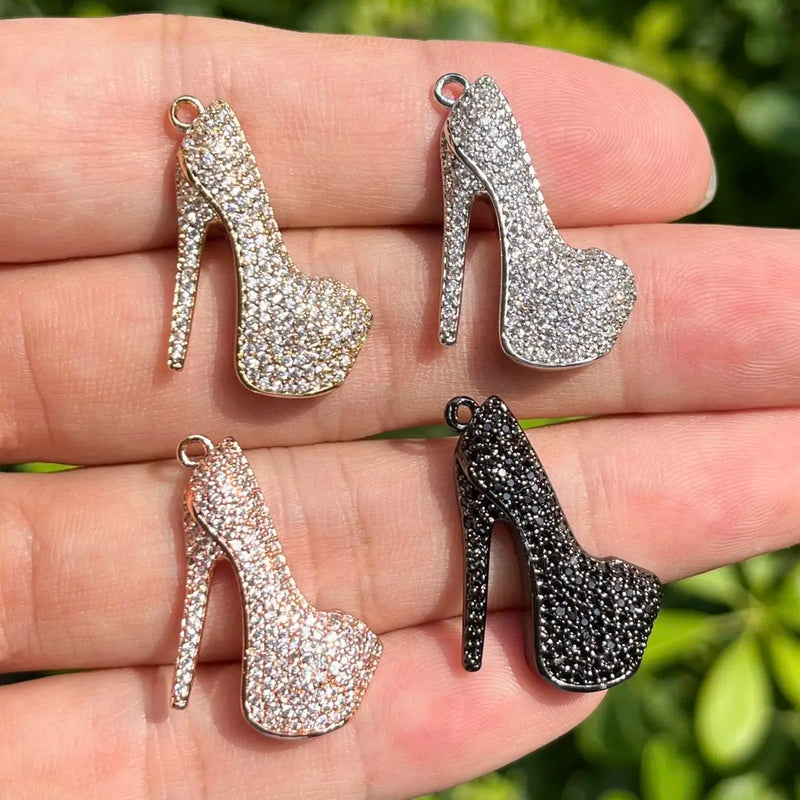 5 High Heel Shoe Charms CZ Paved Metal Pendant for Jewelry Making