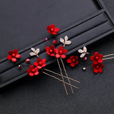 5 Pcs Red Flowers Headband Hairpins Chinese Style Bridal Wedding Hair Access.