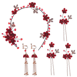 5 Pcs Red Flowers Headband Hairpins Chinese Style Bridal Wedding Hair Access.