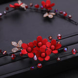 5 Pcs Red Flowers Headband Hairpins Chinese Style Bridal Wedding Hair Access.