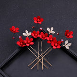5 Pcs Red Flowers Headband Hairpins Chinese Style Bridal Wedding Hair Access.