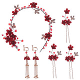 5 Pcs Red Flowers Headband Hairpins Chinese Style Bridal Wedding Hair Access.
