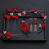 5 Pcs Red Flowers Headband Hairpins Chinese Style Bridal Wedding Hair Access.