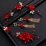 5 Pcs Red Flowers Headband Hairpins Chinese Style Bridal Wedding Hair Access.