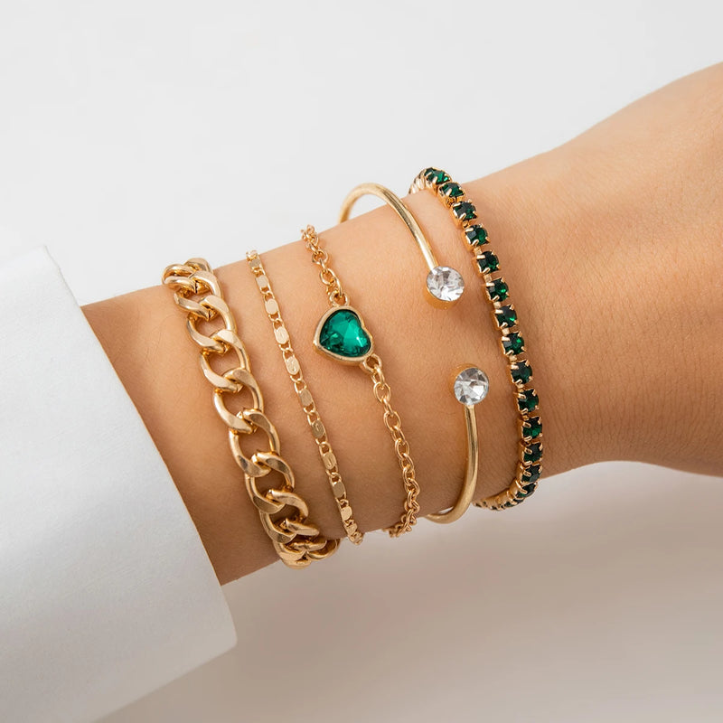 5 Pcs Layered Chain with Green Crystal Heart Bracelets Set for Women