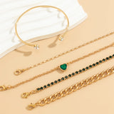 5 Pcs Layered Chain with Green Crystal Heart Bracelets Set for Women