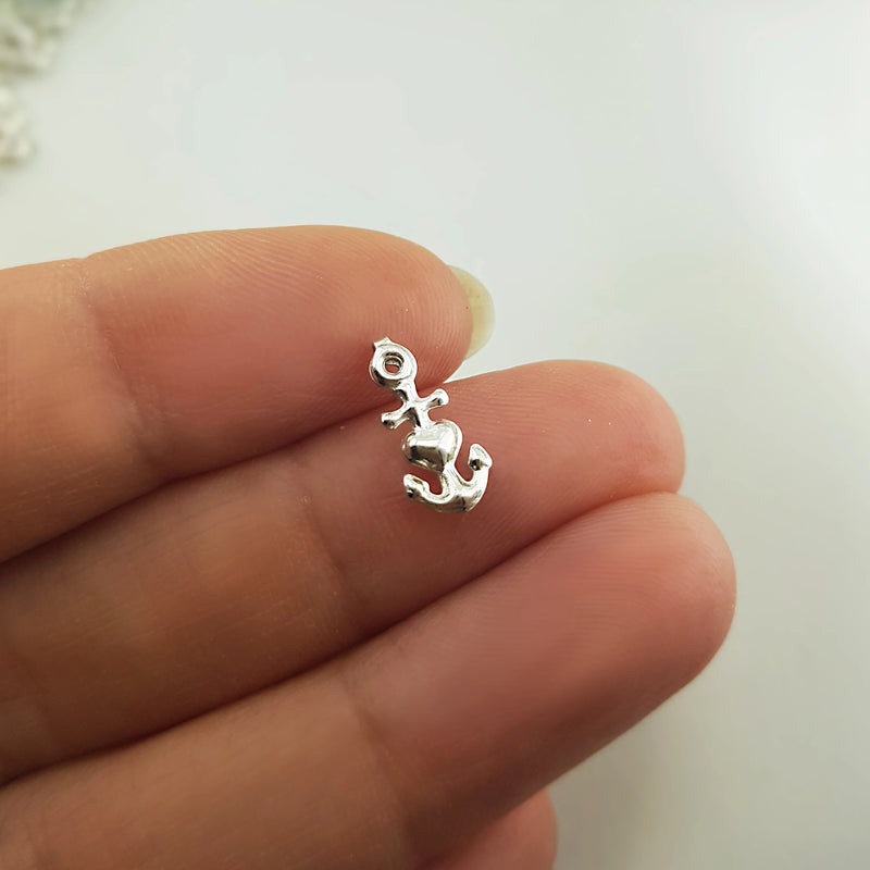 5 Pcs. Sterling Silver Anchor Charm, Anchor Charm, Silver Heart Anchor