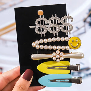 5pc Crystal Rhinestone Letter Pearl Hairpin Set Styling Accessory