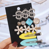 5pc Crystal Rhinestone Letter Pearl Hairpin Set Styling Accessory