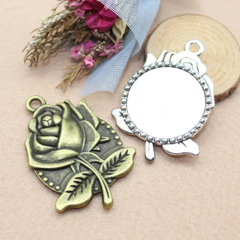 5 Pcs 30mm Alloy Rose Pendant Bases DIY Necklace Vintage Cabochon Jewelry Making