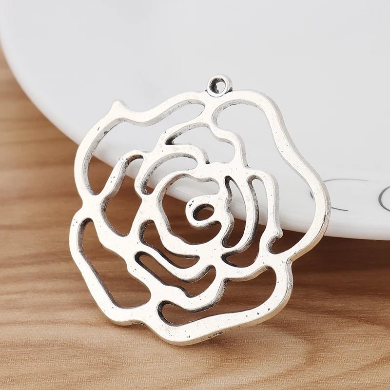 5 Tibetan Silver Rose Flower Charms for DIY Jewellery 48x47mm