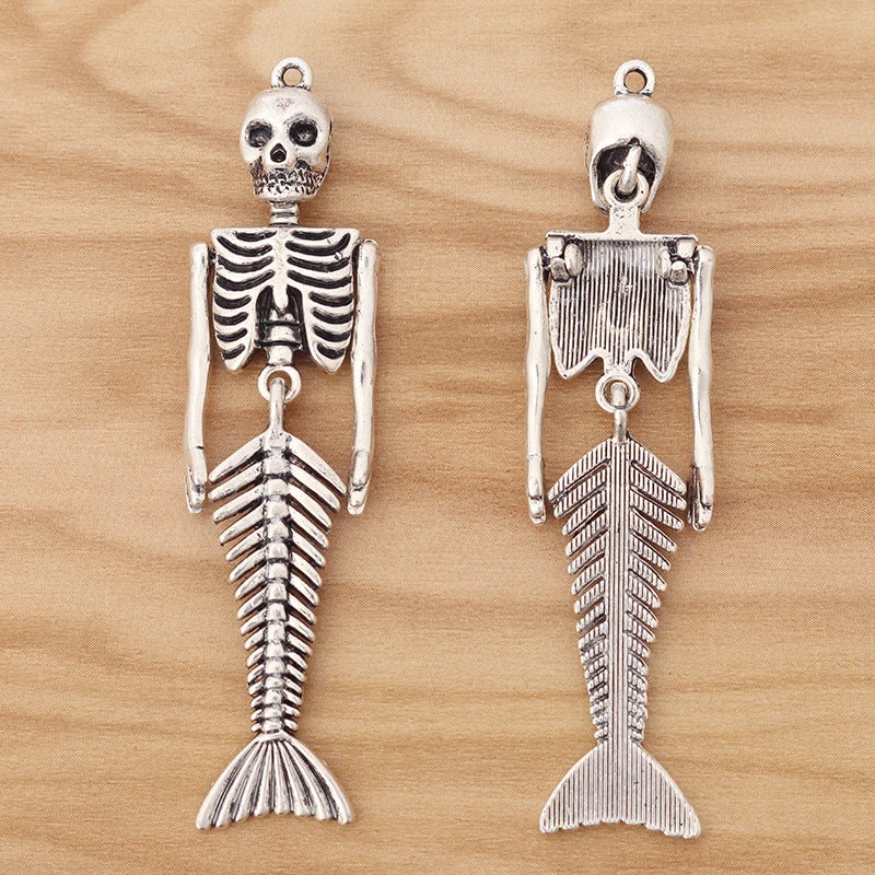 5 Tibetan Silver Large Mermaid Skeleton Skull Charms Pendants 73x18mm
