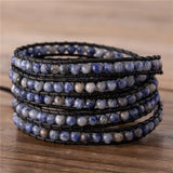 Vintage Sodalite Beads Leather Wrap Bracelet Boho Stone Cuff