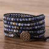 Vintage Sodalite Beads Leather Wrap Bracelet Boho Stone Cuff