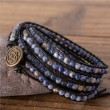 Vintage Sodalite Beads Leather Wrap Bracelet Boho Stone Cuff