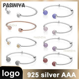 S925 Silver Bracelet with Logo Snake Chain Open Round Diamond Charm