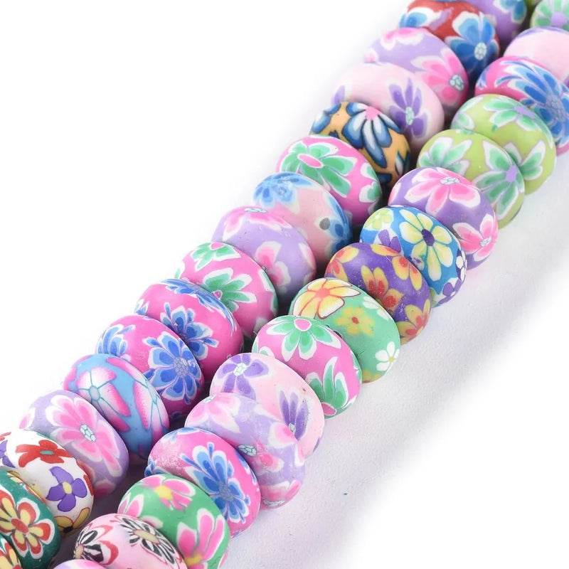 5 Strands Flower Printed Polymer Clay Beads Colorful Rondelle Spacer Beads